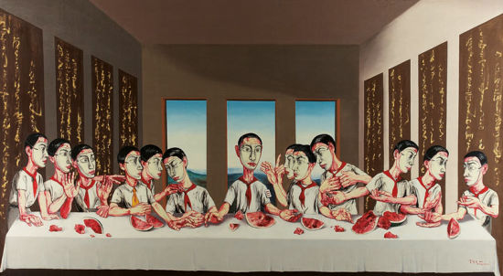 曾梵志（1964年生）之大尺幅作品《最后的晚餐》，2001年作，油彩畫布，220 x 400公分