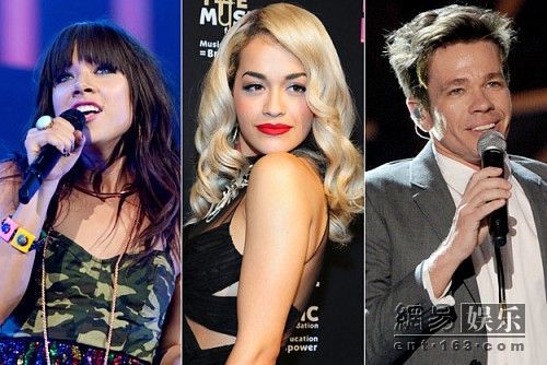 左起：Carly Rae Jepsen、Rita ora、fun.樂隊主唱。